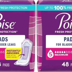 Poise Incontinence Pads, Maximum Absorbency, Regular, 48 Count (Pack of 2)