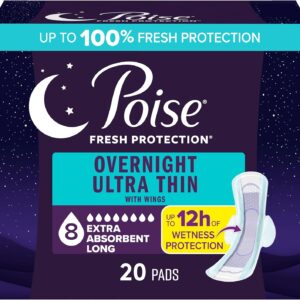 Poise Overnight Ultra Thin Incontinence & Postpartum Pads with Wings for Bladder Leaks, 8 Drop Extra Absorbent, Long Length