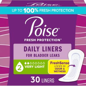 Poise Daily Liners, Incontinence Panty Liners for Bladder Leaks, 2 Drop Very Light Absorbency, Regular Length, 30 Count of Pantiliners, Packaging May Vary