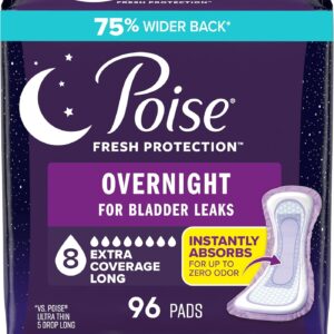 Poise Overnight Incontinence & Postpartum Pads for Bladder Leaks, 8 Drop Extra Coverage, Packaging May Vary
