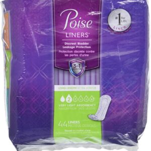 44 Poise Long Length Panty Liners Fresh Lightweight- 2 Light Bladder Urine Leakage Protection - 1 Package of 44 Liners
