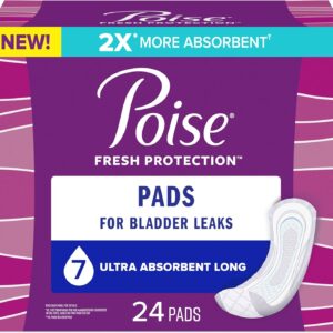 Poise Incontinence Pads & Postpartum Incontinence Pads, 7 Drop Ultra Absorbency, Long Length, 24 Count, Packaging May Vary