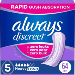 Always Discreet Adult Incontinence Pads for Women, Heavy Absorbency, Long Length, Postpartum Pads, 64 Count (2 Packs of 32)