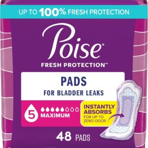 Poise Incontinence Pads for Women, Maximum Absorbency, Long, Pack of 48