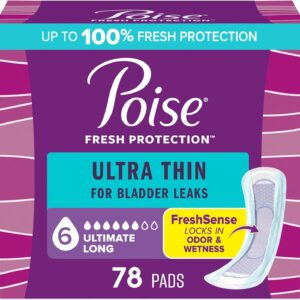 Poise Ultra Thin Incontinence Pads & Postpartum Pads for Bladder Leaks, 6 Drop Ultimate Absorbency, Long Length, Packaging May Vary